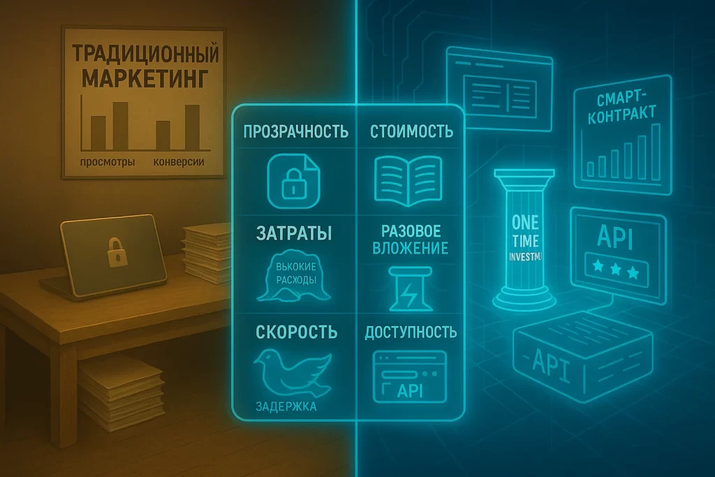Голографическое сравнение традиционного маркетинга и маркетинга на основе блокчейна: две противоположные среды с иконками прозрачности, стоимости, скорости и доступности, показывающими различия в подходах.