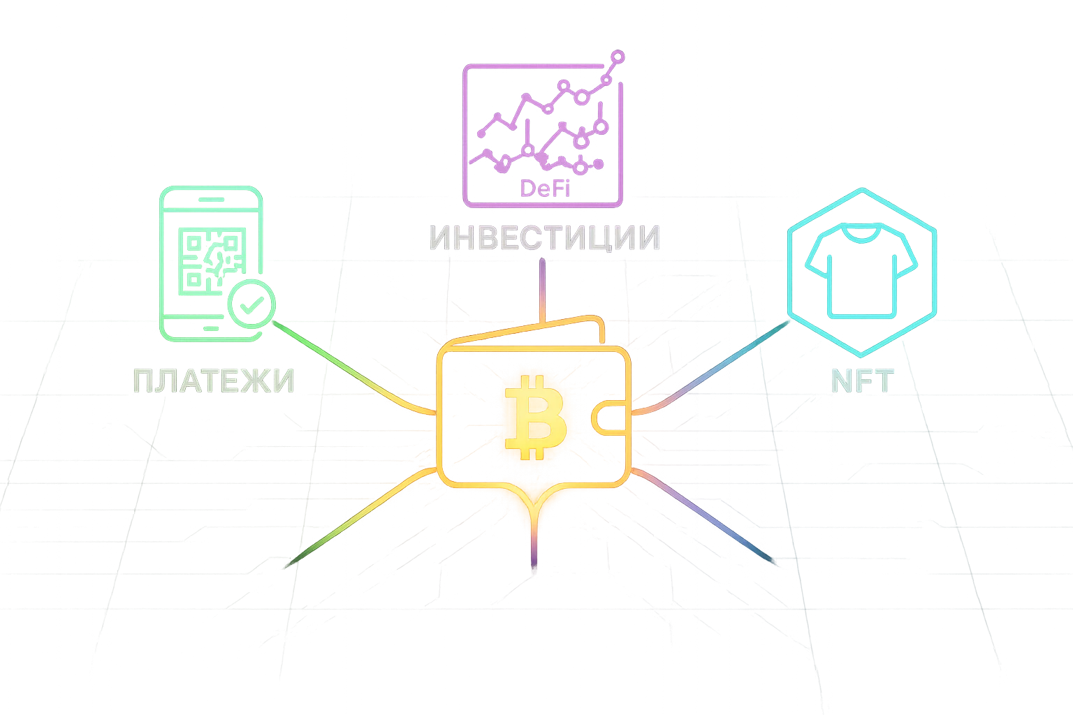 Схема использования криптовалют в бизнесе: криптокошелёк как центр системы, от которого расходятся потоки платежей, инвестиций и NFT-маркетинга с иконками и связями.