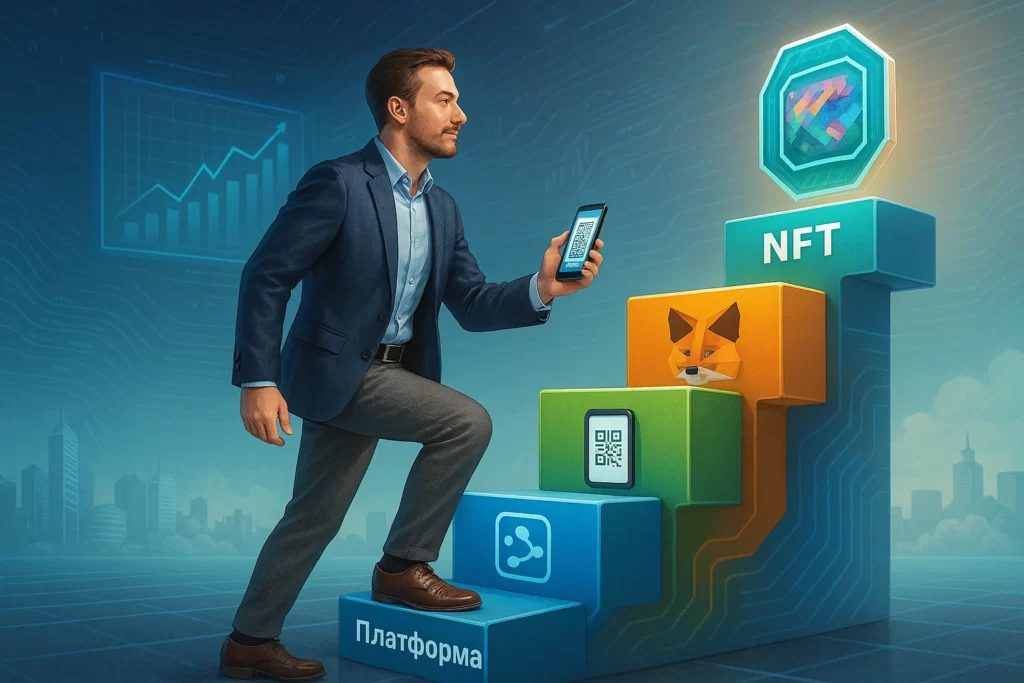 Цифровая лестница с четырьмя ступенями: платформа, кошелёк, оплата, NFT — человек поднимается, проходя этапы внедрения криптовалют в бизнес.