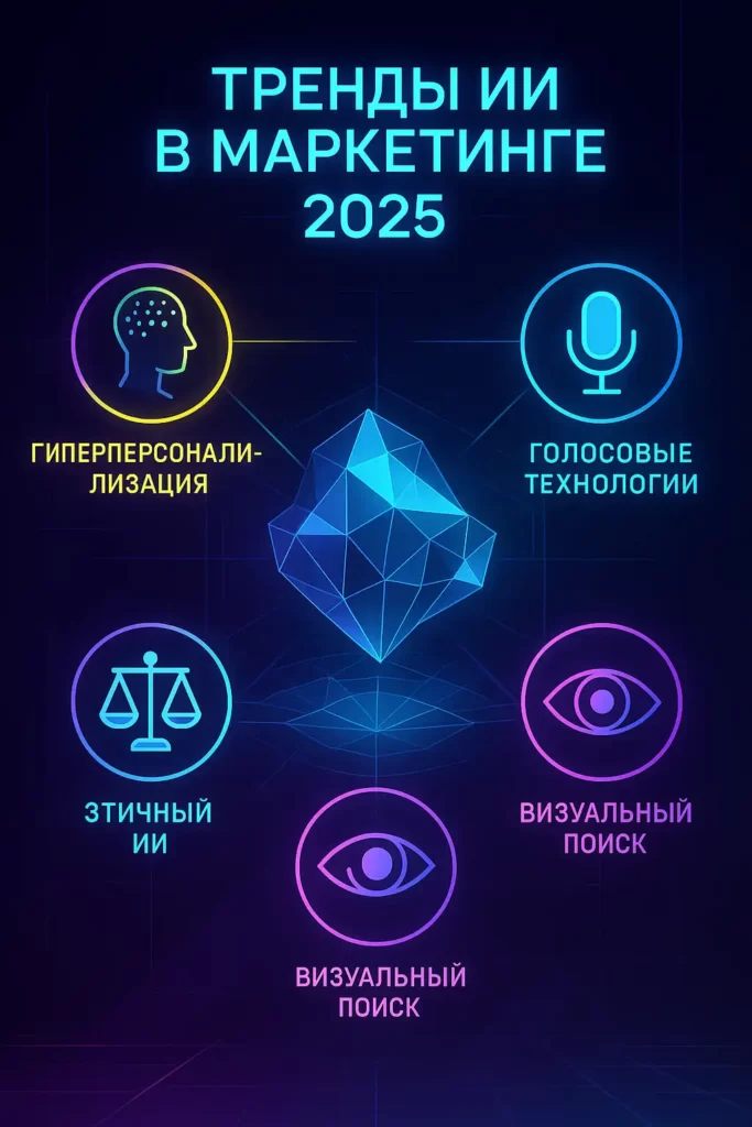 На фоне тёмного интерфейса изображён светящийся полигональный кристалл в центре, от которого отходят линии к четырём неоновым иконкам с подписями на русском: «Гиперперсонализация», «Голосовые технологии», «Визуальный поиск», «Этичный ИИ»; всё оформлено в футуристическом стиле с градиентами фиолетового, синего и жёлтого.