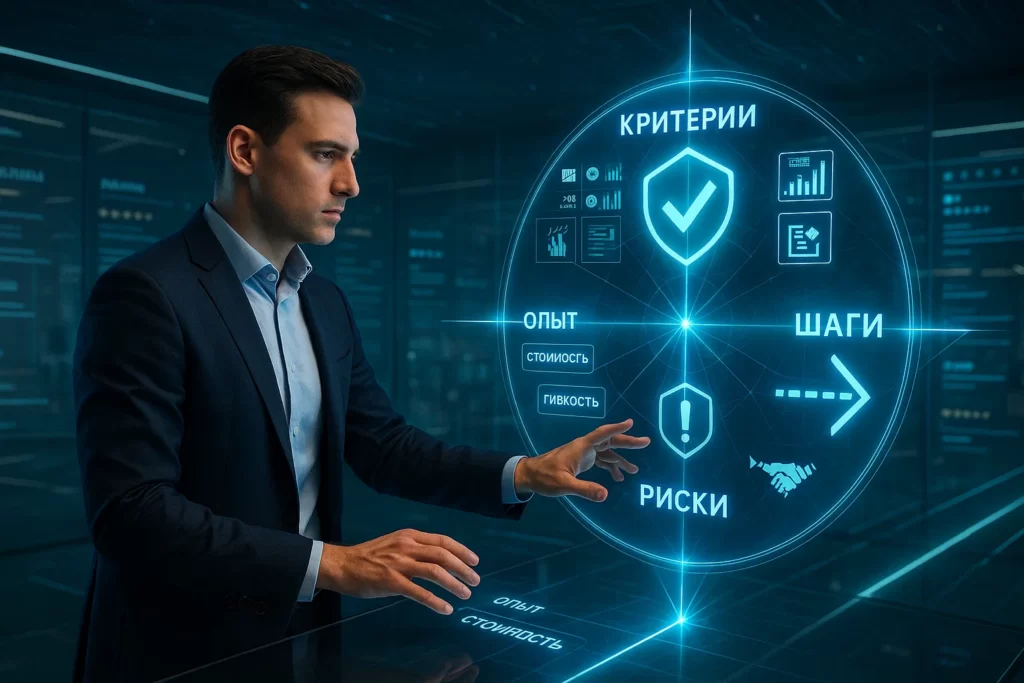 Бизнесмен взаимодействует с трёхмерным цифровым компасом выбора партнёра: три направления — критерии, риски, шаги — с иконками и связями между ними.