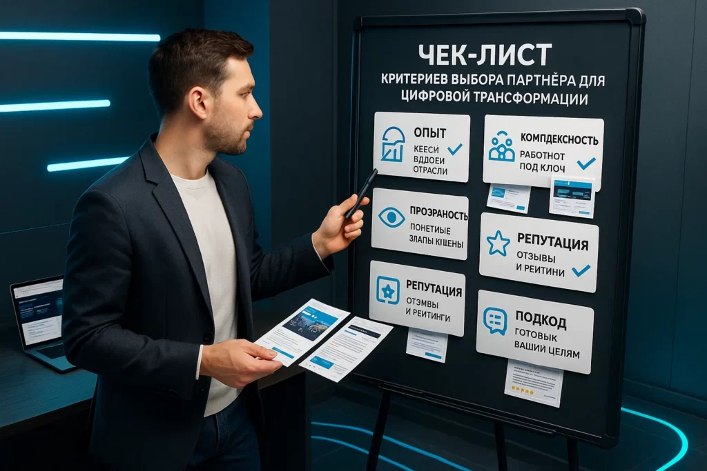 Бизнесмен работает с магнитной доской, на которой закреплены пять критериев выбора партнёра: опыт, комплексность, прозрачность, репутация и подход — с иконками и примерами.