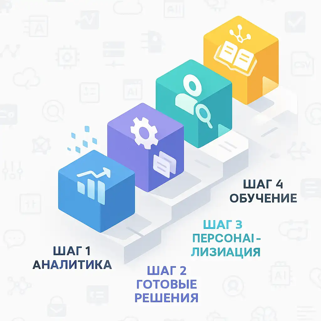 Четыре изометрических блока с тенями, выстроенные по диагонали вверх: «Шаг 1 Аналитика», «Шаг 2 Готовые решения», «Шаг 3 Персонализация», «Шаг 4 Обучение» — каждый с соответствующей иконкой на цветном кубе; фон — светлый с бледными пиктограммами, между блоками — стрелки движения.