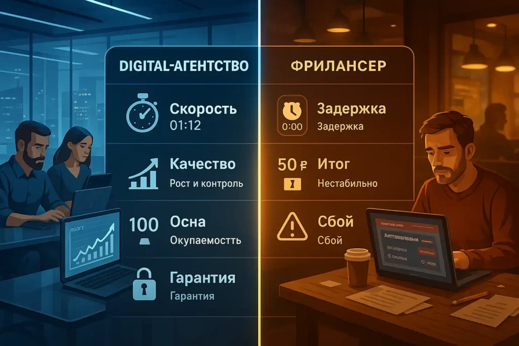 Слева команда Digital-агентства работает в современном офисе с графиками и диаграммами, справа фрилансер в кофейне решает проблемы на ноутбуке; между ними — таблица сравнения со строками: «Скорость», «Качество», «Цена» и «Надёжность», где слева — стабильные показатели и надписи «Окупаемость», «Гарантия», а справа — «Задержка», «Нестабильно», «Сбой» на фоне тёплых тонов.