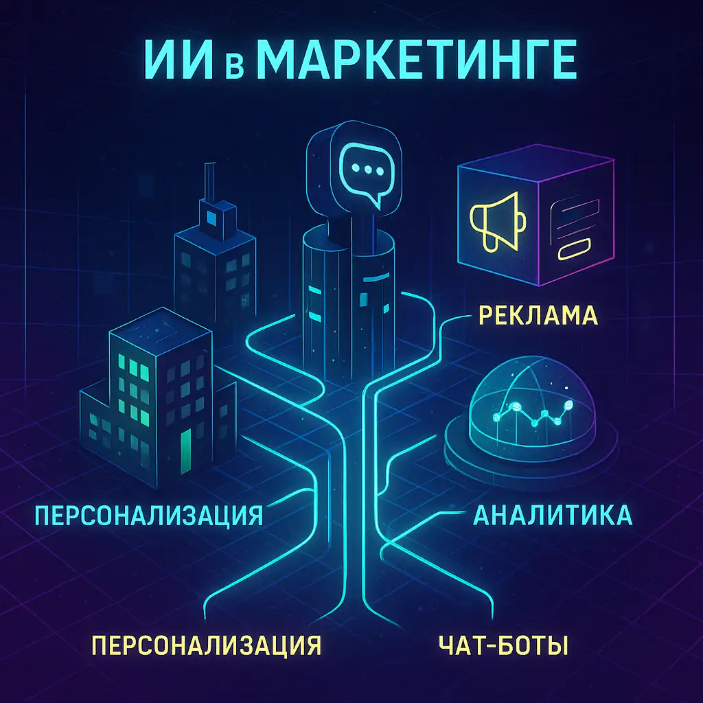 Неоновый цифровой город, в котором функции ИИ в маркетинге изображены как здания: персонализация — жилые блоки, чат-боты — башня с иконкой диалога, реклама — куб с мегафоном, аналитика — сфера с графиком; между ними светящиеся линии-связи, фон — тёмно-фиолетовая цифровая сетка, надписи на русском.